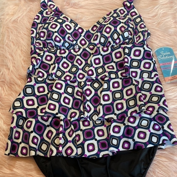 NWT Swim Solutions Triple Tier Fauxkini Ruffled One Piece Swimsuit sz 12 - Picture 6 of 14